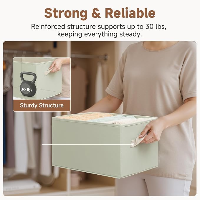 StorageWorks Storage Baskets for Shelves, Closet Organizers and Storage Basket, Fabric Clothes Organizer with Leather Handles, Light Green, 3-Pack, Large - Image 7
