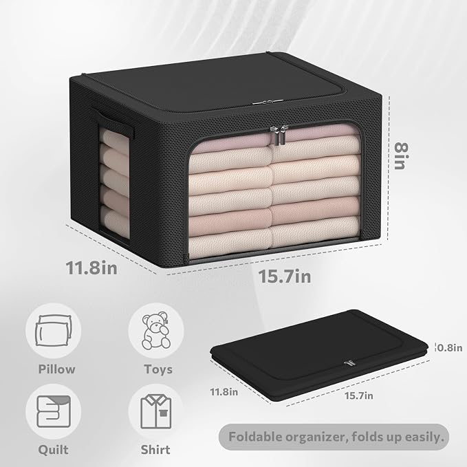 CYhom 3Pack Frame Storage Box - Clothes Storage Bin Bags Oxford Fabric Foldable Stackable Container Organizer Set with Clear Window & Carry Handles (Black, Small-22L) - Image 6