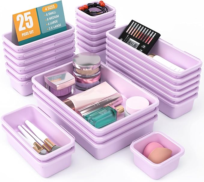 25 PCS Drawer Organizer Set, 4 Size Makeup Drawer Divider Organizer With Non-Slip Pads, Interlocking Plastic Storage Bins for Office,Jewelry Vanity,Gadgets, Bathroom,Kitchen, Purple by StoreHappily