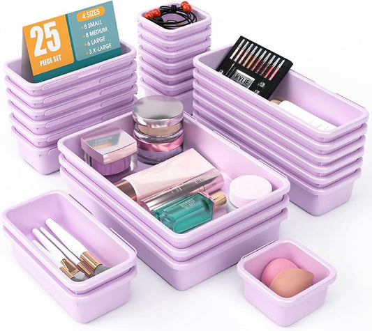 25 PCS Drawer Organizer Set, 4 Size Makeup Drawer Divider Organizer With Non-Slip Pads, Interlocking Plastic Storage Bins for Office,Jewelry Vanity,Gadgets, Bathroom,Kitchen, Purple by StoreHappily
