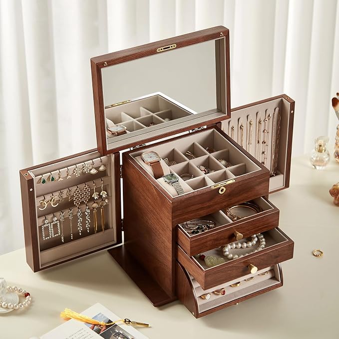Black Walnut Wooden Jewelry Box, Wood Jewelry Organizer with 2 Side Doors Mirror Lockable Classical for Watch Necklace Ring Earring Mothers Day Gifts for Mo-4 Layer with Curved Ring Grooves - Image 6
