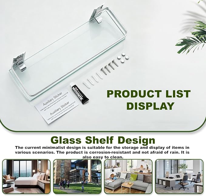 AIJALY 2 Pack Bathroom Glass Shelf,15.7 Inches Silver Bathroom Shower Glass Shelf Wall-Mounted, Metal Storage Floating Kitchen Shelf - Image 4