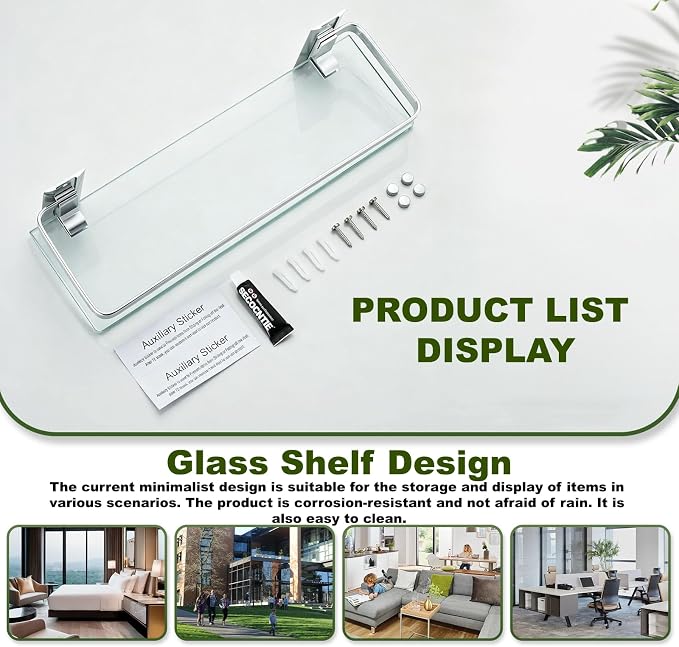AIJALY 3 Pack Bathroom Glass Shelf,Aluminum Tempered Glass 0.3in Extra Thick Rectangular 1 Tier Storage Organizer Wall Mount,Silver 15.7in - Image 5