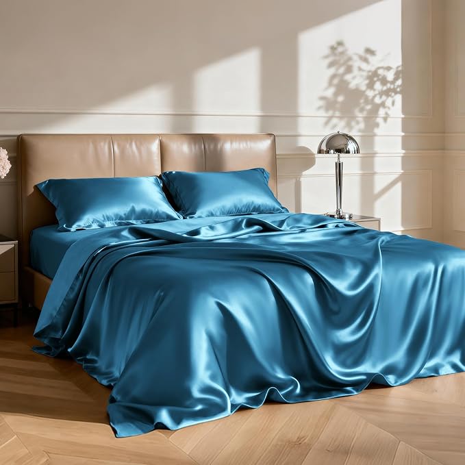 Love's cabin Full Size Satin Sheet Sets - 4 Piece Teal Silky Satin Sheet Set Full with Deep Pocket, Luxury Silk Feel Satin Bed Sheets Full Bedding Set (1 Flat Sheet,1 Fitted Sheet,2 Pillow Cases)