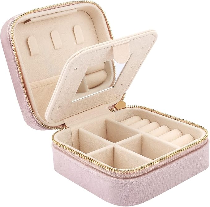 DesignSter Travel Jewelry Box - Velvet Mini Jewelry Organizer, Small Jewelry Case for Girls Women, Jewelry Storage Box for Rings Earrings Necklace (Square, Lotus Pink) by DesignSter