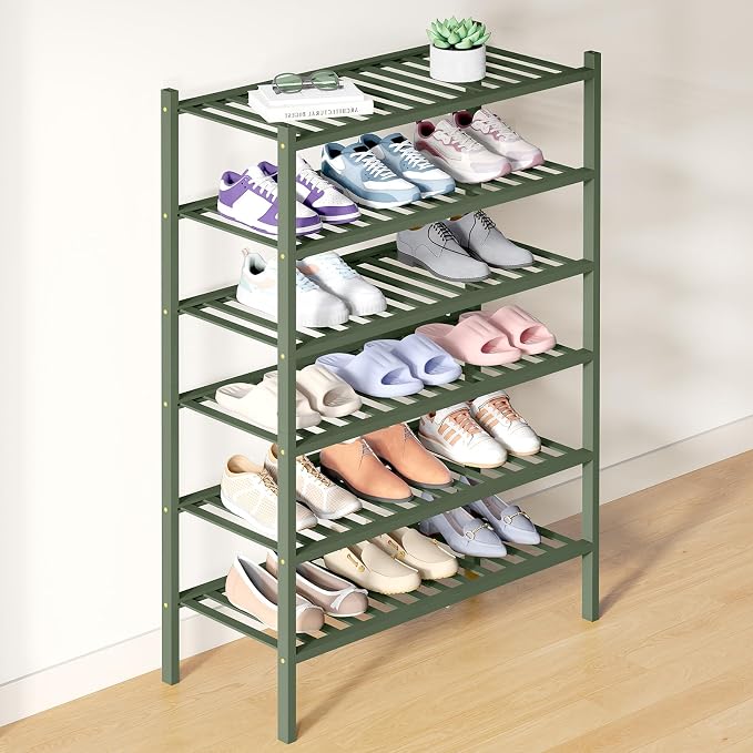 Smiry Bamboo Shoe Rack for Closet, 6 Tier Wooden Stackable Shoe Organizer, Free Standing Shoes Storage Shelf for Entryway, Front Door Entrance, Green by Smiry