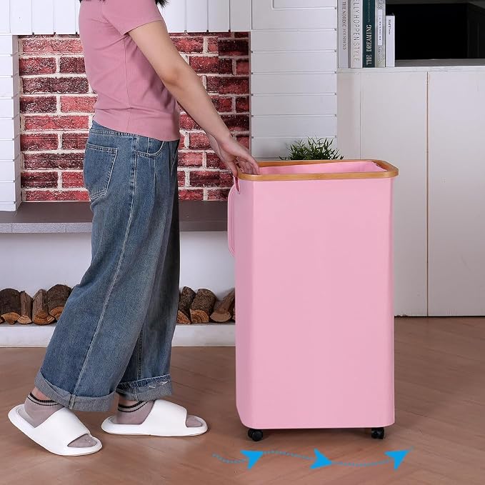iEGrow Laundry Hamper, Narrow Laundry Basket with Lid,Foldable Clothes Hamper with Bamboo Handles,Hamper Basket with Removable Inner Bag for Laundry Room Bedroom College Dorm (Pink, 110L with Wheels) - Image 4