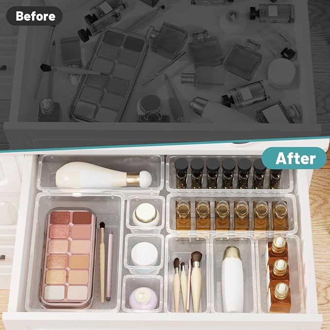 WOWBOX 16 PCS Clear Plastic Drawer Organizer Set, 4 Sizes Desk Drawer Organization and Storage Containers for Makeup, Cosmetics, Jewelry and Gadgets in Kitchen, Bathroom, Bedroom, Office, Clear - Image 5