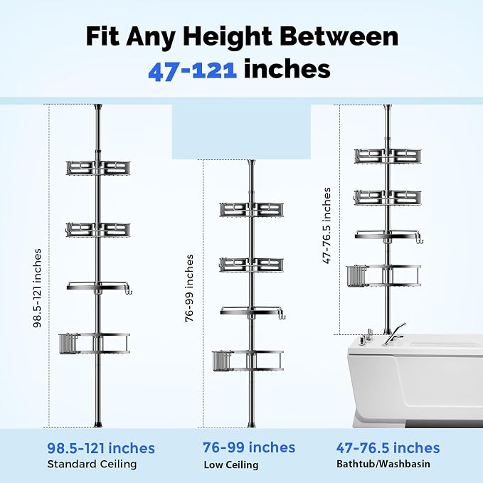 HAMITOR Corner Shower Caddy Tension Pole: Quick Installation 4-Tier Rustproof Bathroom Organizer Shelves for Bathtub Shampoo Storage - 47-121 inch Adjustable Floor Standing Bath Rack Holder Gray - Image 6