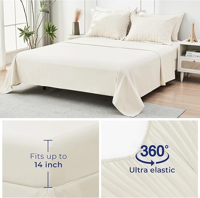 HYMOKEGE Ivory Oversized Queen Comforter Set Seersucker 7 Pieces, All Season Luxury Bed in a Bag for Bedroom, Bedding Set with Comforter, Sheets, Pillowcases & Shams