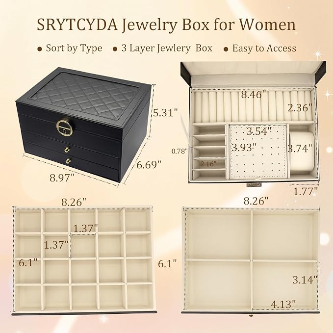 SRTCYDA Jewelry Box for Women, Large PU Leather jewelry organizers and storage, 3-Layer Jewelry Storage with 2 Drawers, Space-Saving Design for Vanity, Holds All Types of Jewelry (Black) - Image 2