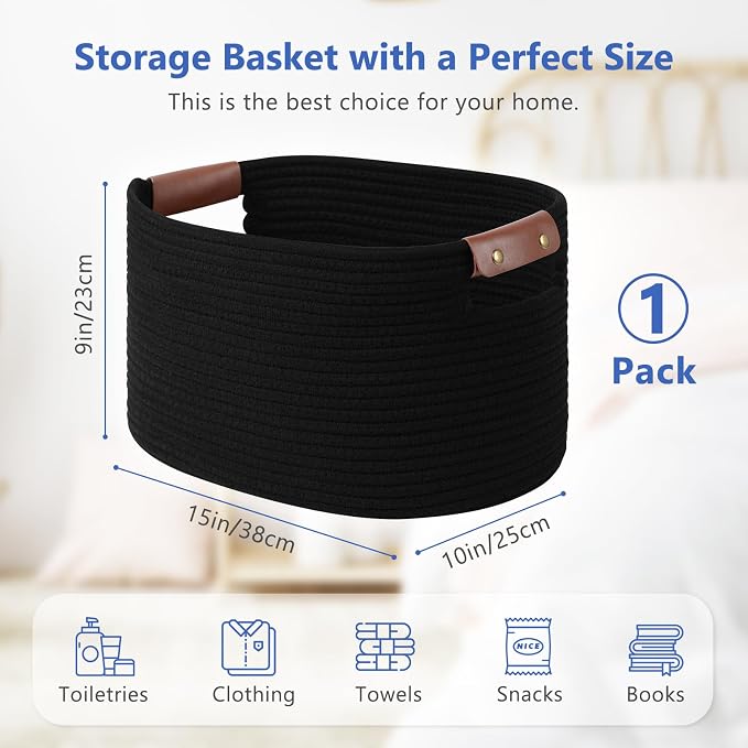 ECDYQXVU Cotton Rope Basket, Storage Baskets with Handle, 15x10x9 Inch Woven Basket for Shelves, Laundry, Towels, Clothes, Books (Black 1Pack) - Image 3