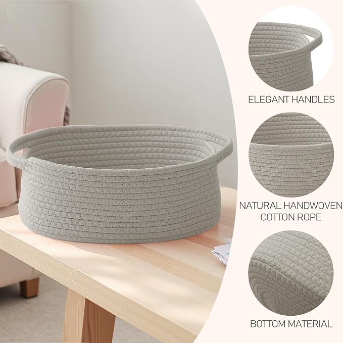 JMvicyroam Woven Basket,Small Rope Storage Bin with Handles & Ribbon Bag, Organizer for Shelves Closets,Gift Basket Empty for Birthday,Books,Dog Toys, Grey - Image 3