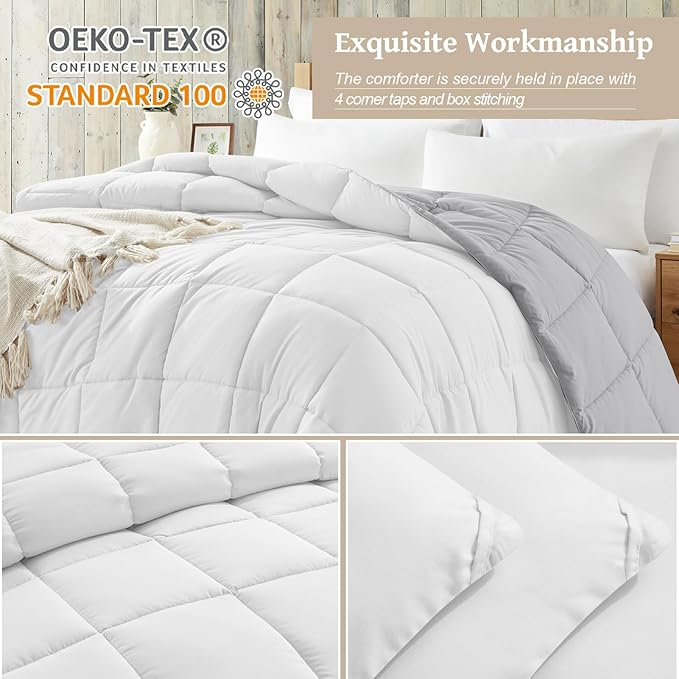 Homelike Moment Comforters Queen Size - Grey Duvet Insert Down Alternative Bed Queen Comforter, Lightweight Bedding Comforter Full Size Quilted Soft All Season Reversible White/Light Gray