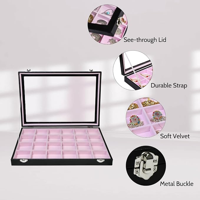 Stratalife Earring Organizer Velvet Jewelry Organizer Box Jewelry Display Storage Tray Ring Case with Clasp for Women 24 Grid (Pink Black) - Image 2