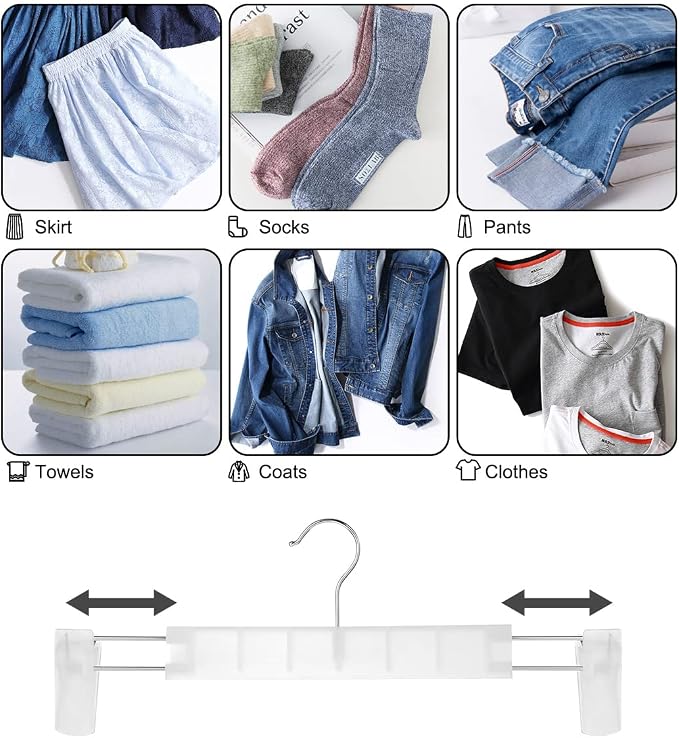 GUANJUNE Clothes Pants Hangers, Space-Saving Skirt Holders with 360 ° Swivel Hooks, Adjustable Clips, Trouser Hangers, Clothes Coat Garment Jeans Hangers (10 Pack, Transparent) - Image 4