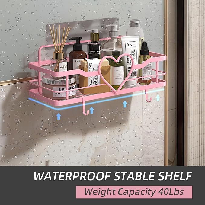 Pink Shower Caddy with 4 Removable Hooks, 2 Pack Sweet Heart Shower Shelves,No Drilling Adhesive Organizer Shelf for Bathroom Shower,Kitchen,Bedroom - Image 3
