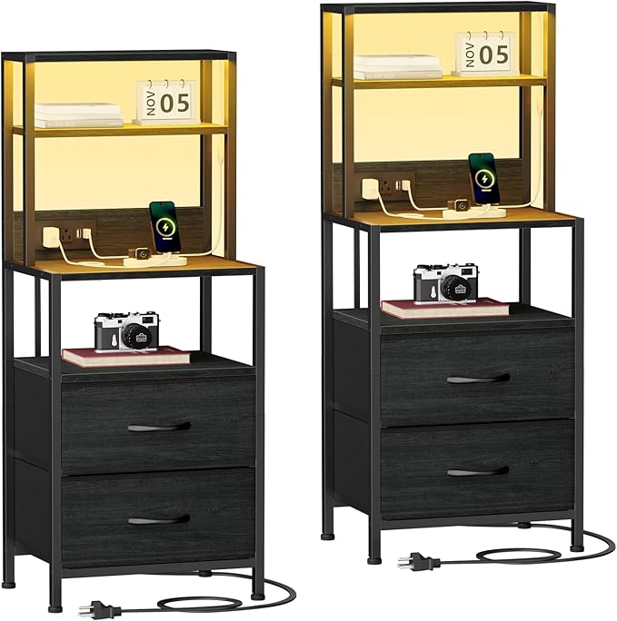 Furnulem Nightstands Set of 2, Tall Night Stand Set with Charger Station, 2 Fabric Drawers and Light Tube, Bedside End Table with 4-Tier Shelves, Bed Side Tables for Bedroom, Office, Black Oak