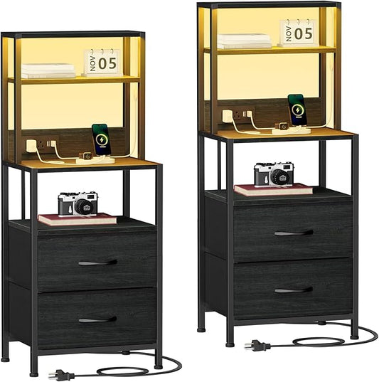 Furnulem Nightstands Set of 2, Tall Night Stand Set with Charger Station, 2 Fabric Drawers and Light Tube, Bedside End Table with 4-Tier Shelves, Bed Side Tables for Bedroom, Office, Black Oak
