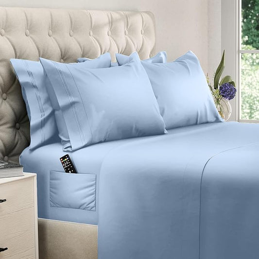 DREAMCARE Full Size Sheets - 6 pcs Breathable Cooling Bed Sheets - up to 15" Deep Pocket Full Size Bed Sheets wth Side Pockets - Extra Soft 100% Brushed Hypoallergenic Hotel Luxury Bedding -Light Blue