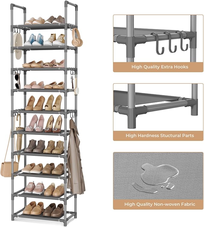 VTRIN 10 Tiers Tall Shoe Rack Holds 20-25 Pairs of Shoes Sturdy Vertical Shoe Organizer with 18pcs Hooks Stackable Narrow Shoe Rack for Closet, Entryway Grey - Image 4