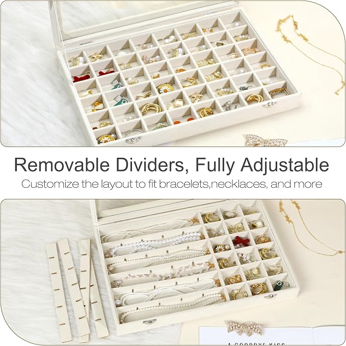 Velvet Jewelry Organizer Storage Tray, 48 Grid Adjustable Earring Holder Organizer with Clear Lid, Jewelry Display Box for Earrings, Rings, Necklaces and Studs, Gift for Women and Girls - Image 4