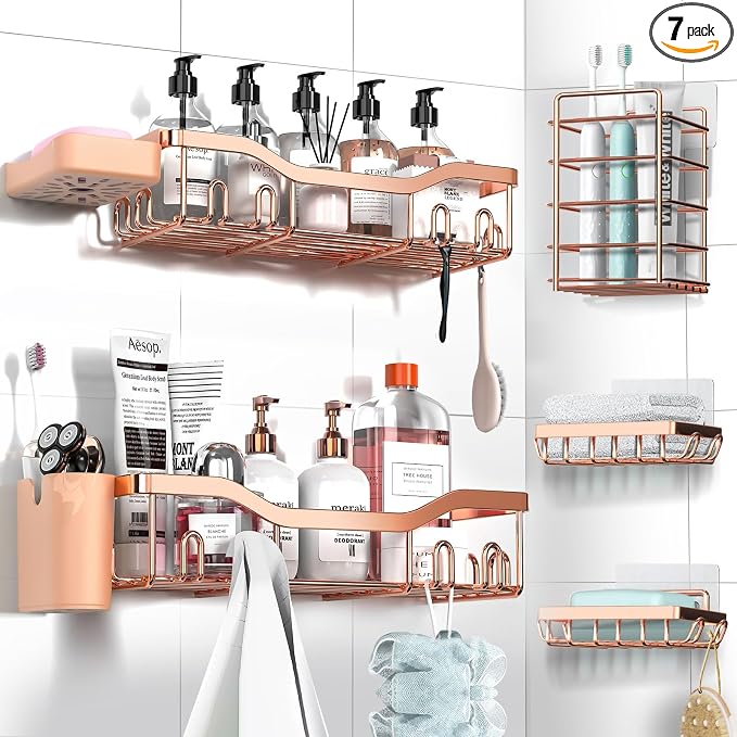 NESOMI Shower Caddy Adhesive Shower Organizer 7-Pack, Rustproof Stainless Steel Bathroom Shelves, Large Capacity No-Drill Rack Storage Accessories with Soap Dish Toothbrush Holder Hooks by OrganizeYourHomeEssentials