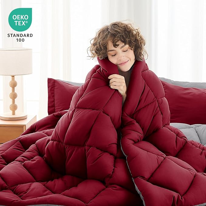 MUXHOMO 7 Pieces Full Comforter Set, Reversible Bed in a Bag Full Size, All Season Bedding Set with Comforter, Flat Sheet, Fitted Sheet, Pillowcases & Shams, Burgundy & Grey