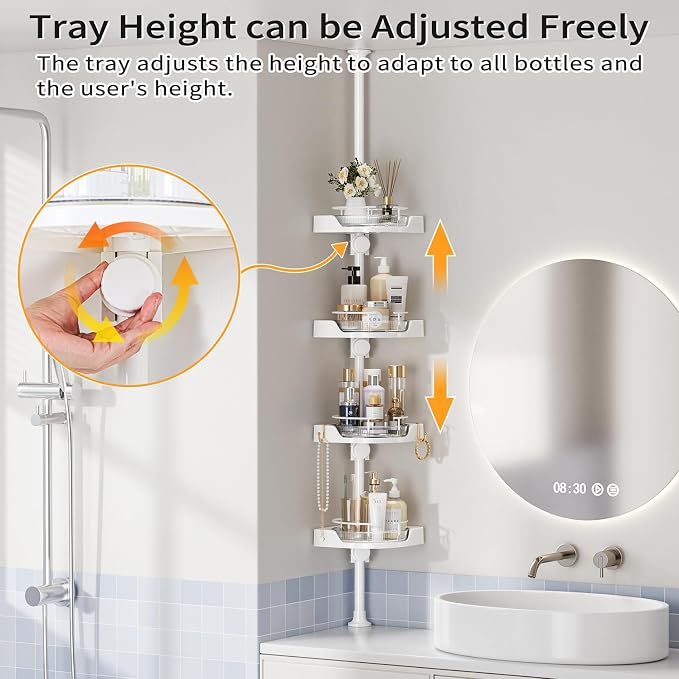 shuang qing 360° Rotating Corner Shower Caddy Tension Pole Organizer - 4-Tier Adjustable Rustproof Metal Pole, Plastic Shelves with Safety Guardrail, Bathroom Storage for Shower & Bathtub(White) - Image 4
