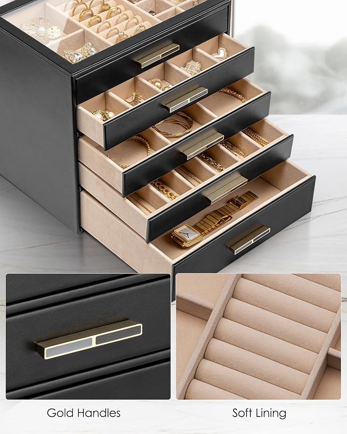 VLANDO 5 Layer Jewelry Box for Women, Glass Lid Jewelry Organizer with 5 Drawers for Necklaces Rings Earrings Bracelets - Black - Image 4