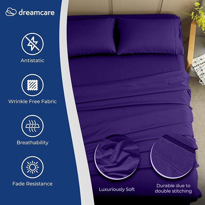 DREAMCARE Queen Size Sheets - Cooling Bed Sheets - 4pcs Set - up to 15" Deep Pocket Queen Sheet Set - Sheets Queen Size Bed - Soft & Long Lasting 100% Fine Brushed Polyester with Side Pocket -Purple
