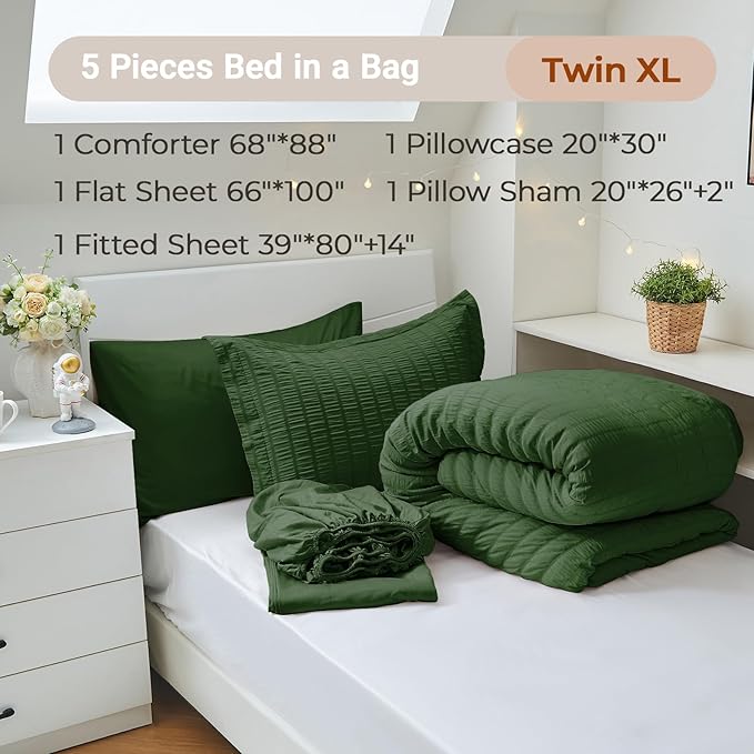 MUXHOMO 5 Pieces Twin XL Comforter Set, Seersucker Bed in a Bag Twin XL Size, All Season Luxury Bedding Set with Comforter, Flat Sheet, Fitted Sheet, Pillowcase & Sham, Dark Green