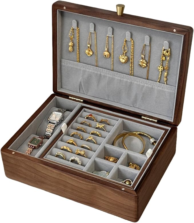 Bescott 2 Layer Solid Black Walnut Wooden Jewelry Box for Women Wood Vintage Organizer for Men Earrings Rings Necklaces Bracelet Watch Storage by Bescott