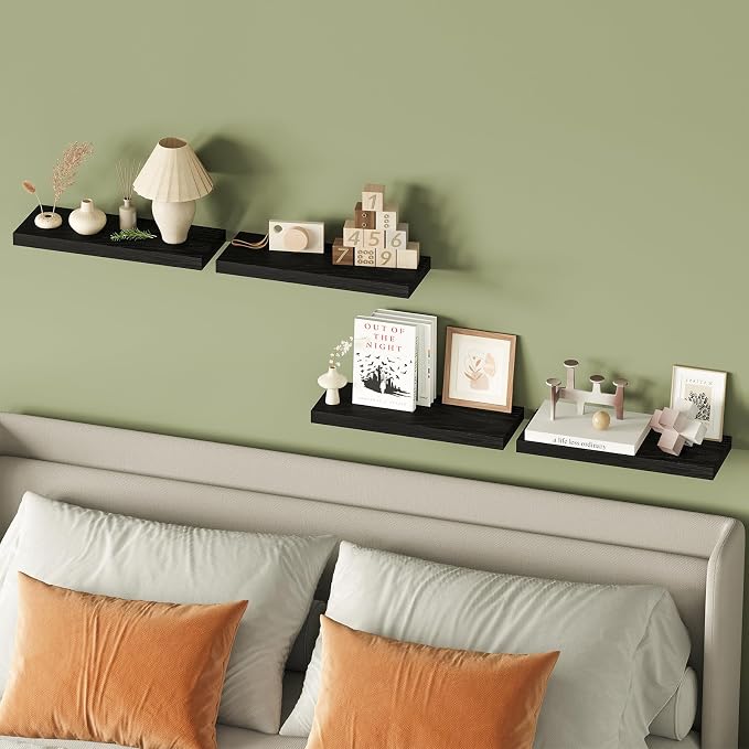 Fixwal Black Floating Shelves for Wall, Rustic Wood Shelves for Bathroom, Living Room, Bedroom and Kitchen, Wall Shelves for Storage, Books, Room Decor (Set of 4, 15.8 Inch) - Image 8
