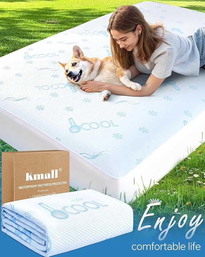 Kmall Premium Cooling King Size Mattress Protector - 100% Waterproof & Breathable Cool 3D Air Fabric Bed Mattress Cover, Ultra Soft Noiseless Pad for 8"-21" Deep Pocket, Machine Washable (White)