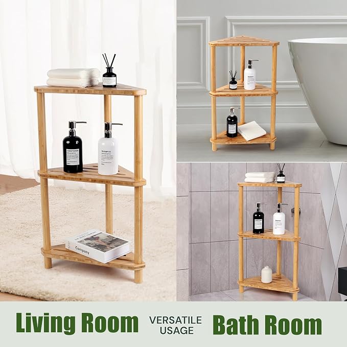 Bamboo Corner Shower Caddy Stand 3-Tier Waterproof,Free Standing Bathroom Corner Shelf Shower Stool Organizer for Inside Shower,Space-Saving Storage Shower Shelves with Anti-Slip Feet - Image 7
