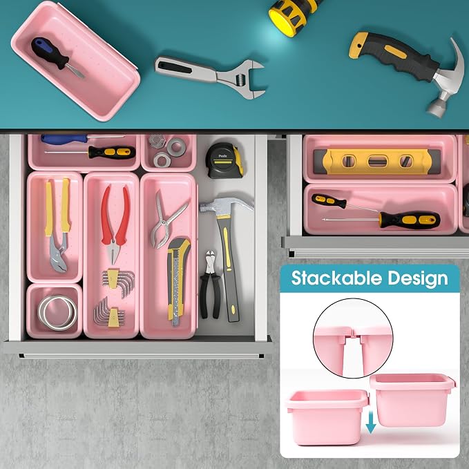 6 PCS Drawer Organizer Set, 3 Size Makeup Drawer Divider Organizer With Non-Slip Pads, Interlocking Plastic Storage Bins for Office,Jewelry Vanity,Gadgets, Bathroom,Kitchen, Pink - Image 5
