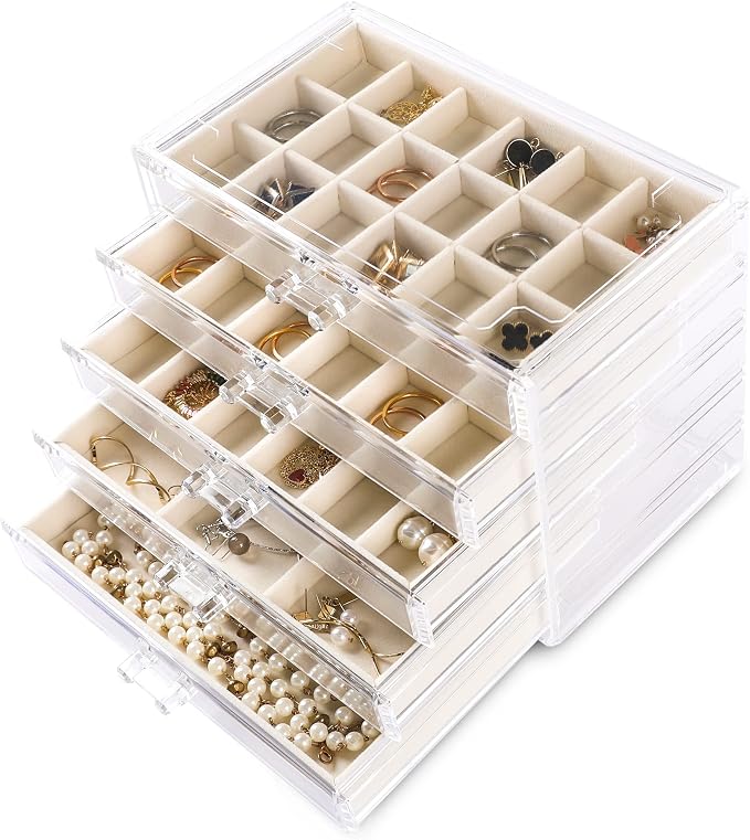 Frebeauty Acrylic Jewelry Organizer Earring Organizer Box with 5 Drawers Earring Holder Organizer with Velvet Trays Clear Jewelry Box for Women Earring Display for Rings Studs(Beige) by Frebeauty
