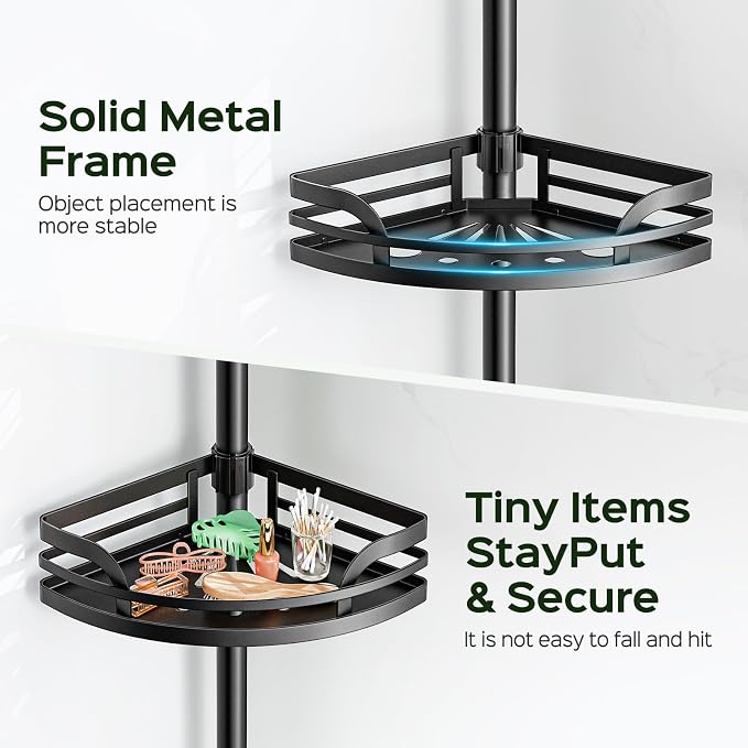 HAMITOR Shower Caddy Tension Pole: Rustproof Bathroom Corner Shelf for Renters, 47-121inches Adjustable Organizer with Soap Holder-Large Capacity Rack for Shampoo Storage Home Accessory - Black - Image 2
