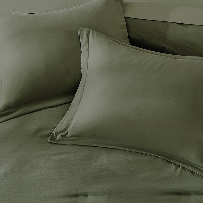 WRENSONGE Queen Comforter Set- 7 Pieces Soft Olive Green Bed in a Bag with Fitted Sheet, Flat Sheet, 2 Pillow Shams, and 2 Pillowcases- Warm Bedding Sets Queen for All Season