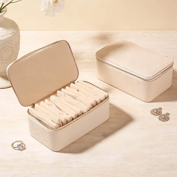 Travel Jewelry Organizer, Travel Jewelry Box with 12 Velvet Zipped Pouches Bags for Jewelries Necklaces Rings Earrings Sorting Storage for Women Girl Gifts, Ivory - Image 2
