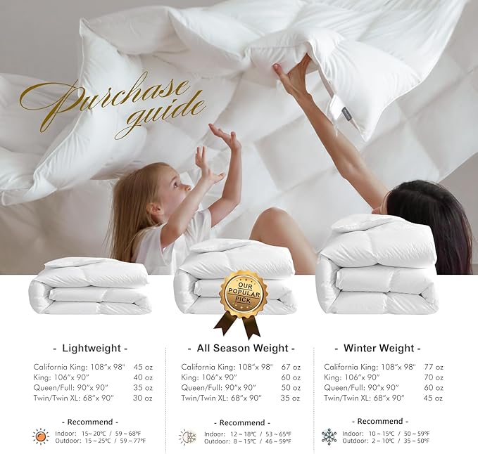 Royoliving Premium Feathers Down Duvet Insert Comforter Queen Size All Season Medium Warmth White 100% Cotton Cover with Corner Tabs (90x90, 50 oz)