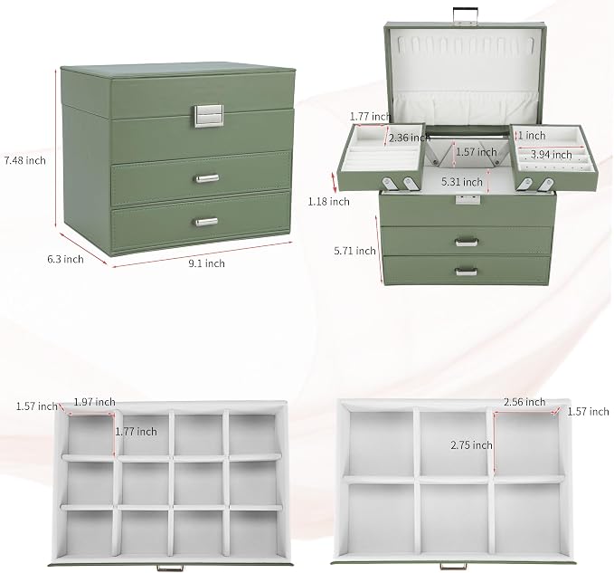 Dajasan Jewelry Organizer Box, Large Jewelry Boxes for Women Girls, Space-Saving 4 Layers Jewelry Storage Case with Drawer, Movable Metal Stand, Modern, Gift Idea (Green) - Image 3
