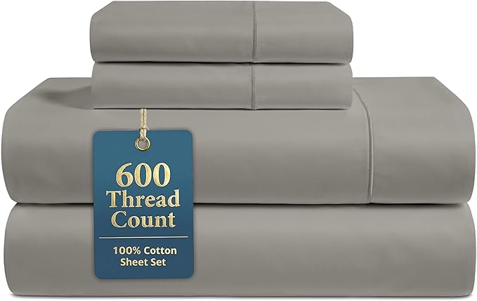 LANE LINEN King Sheet Set – 600 Thread Count Long Staple 100% Cotton King Size Sheet Set, Hotel Luxury Soft Silky Sateen Finish, Gentle on Body, Fully Elasticized 15" Deep Pocket – Silver