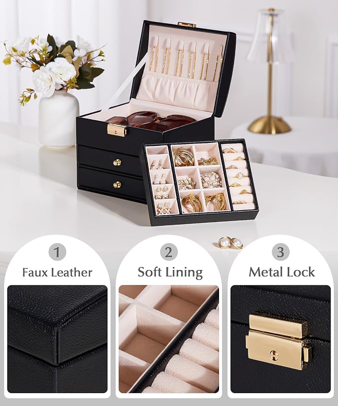 Homde Mothers Day Gifts Small Girls Jewelry Box with Lock: 3 Layer Organizer with Removable Tray - Storage for Ring Necklace Earring - Birthday & Return Gifts for Young Women (Graphite Black) - Image 6