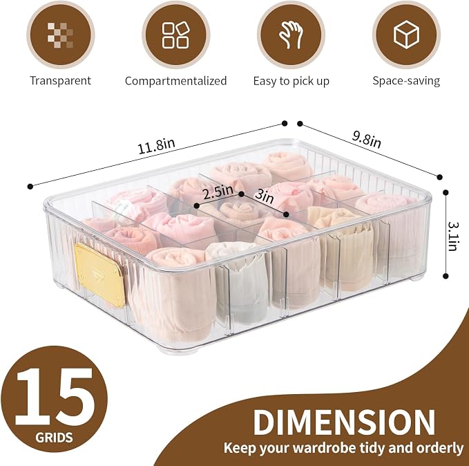 Sock Organizer for Drawer, 15 Compartments Detachable Plastic Underwear Drawer Organizer with Lid for Closet, Compartment Storage Ideal for Socks, Bras, Ties, and Scarves (Sock) - Image 2