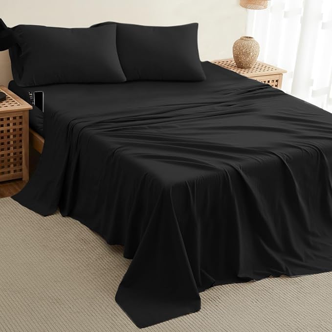 DREAMCARE Full Size Sheets - Cooling Bed Sheets - 4pcs Set - up to 15" Deep Pocket Full Sheet Set - Sheets Full Size Bed - Soft & Long Lasting 100% Fine Brushed Polyester with Side Pocket - Black