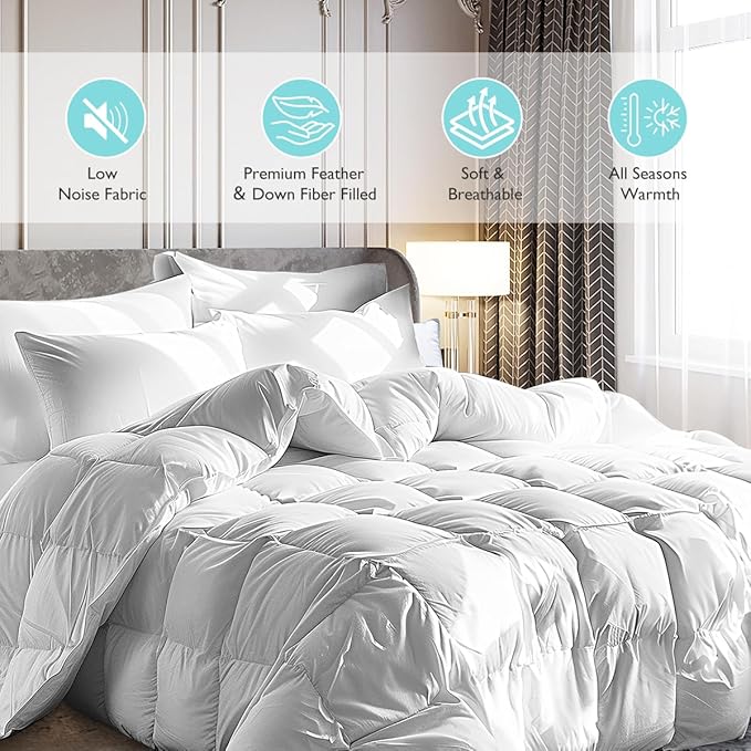 Martha Stewart White Goose Feather Down Fiber Comforter Queen Size- Lightweight Duvet Insert, Noiseless Fabric with 44oz Filled Luxury Cloud Fluffy Bed Comforter with 8Corner Loops, White 90x90inch