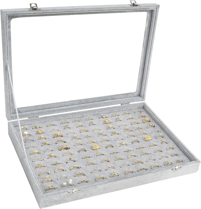 Siveit Ring Display Case Organizer Box with Transparent Lid 100 Slot Holder Showcase For Store Display Jewelry Show Home Organizer For Jewelry Rings Studs Earrings (Grey) by Siveit