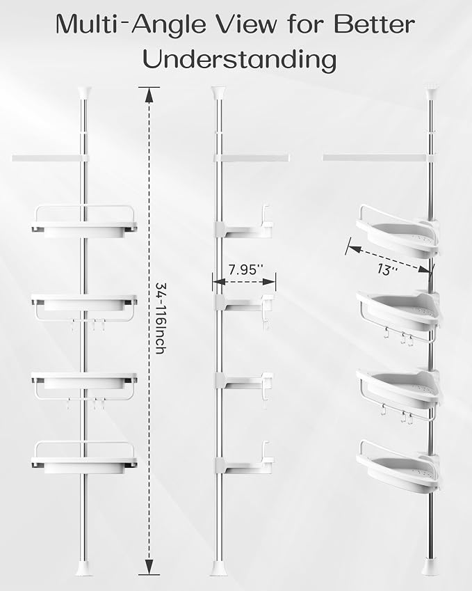 ALLZONE Corner Shower Caddy Tension Pole, Extendable Rustproof Stainless Steel Pole & 4-Tier Adjustable Shelves for Easy Drainage and Built-to-Last Stability, 34 to 116 Inches, White - Image 2